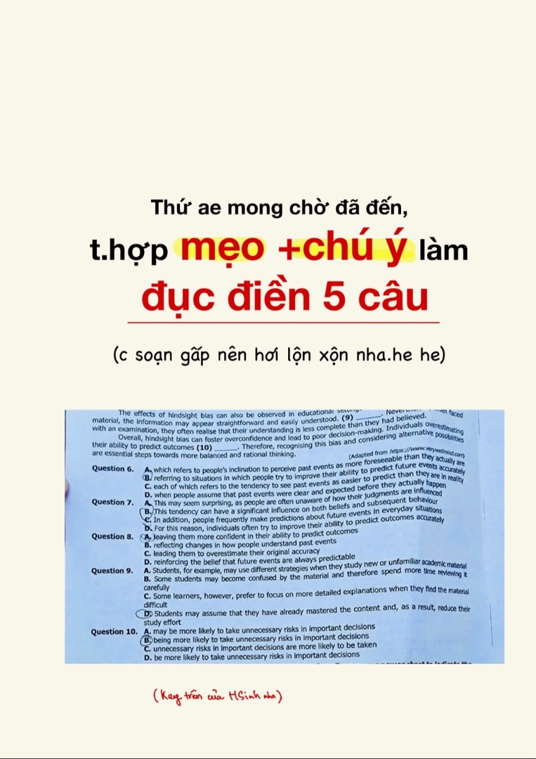 Ảnh minh họa cho MẸO VÀ CHÚ Ý LÀM ĐỤC ĐIỀN 5 CÂU
