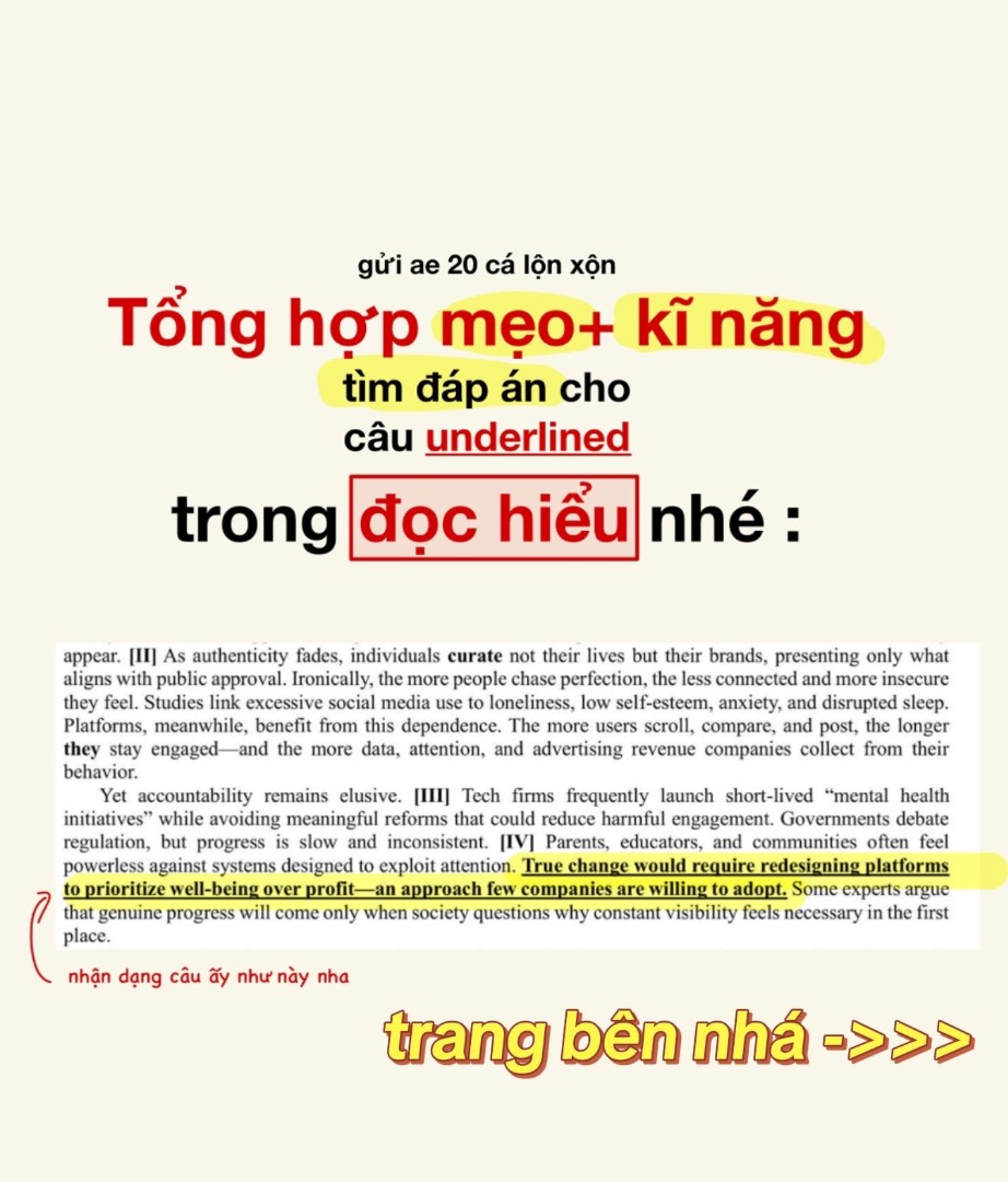 Ảnh minh họa cho MẸO VÀ KĨ NĂNG TÌM ĐÁP ÁN CHO CÂU UNDERLINED TRONG ĐỌC HIỂU