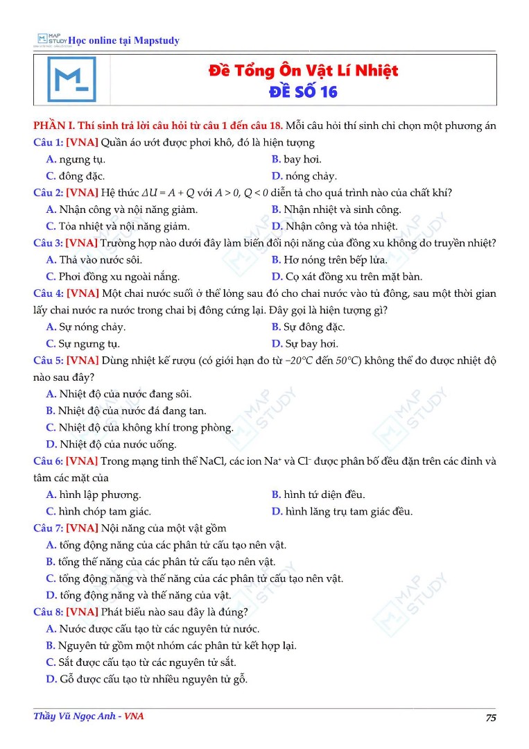 Ảnh minh họa cho ĐỀ TỔNG ÔN VẬT LÍ NHIỆT - SỐ 16