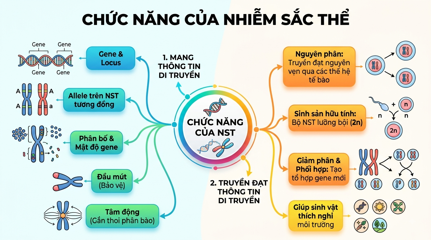 Ảnh minh họa cho SƠ ĐỒ TƯ DUY CHƯƠNG 2 -BÀI 7- PHẦN2 : CHỨC NĂNG CỦA NHIỄM SẮC THỂ