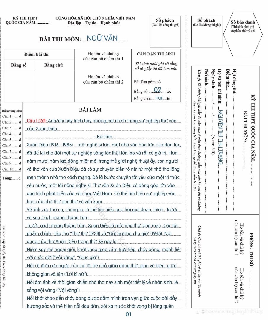 Ảnh minh họa cho Bài văn đạt điểm 10 (thí sinh thi khối D01) Cùng tham khảo nhé các em