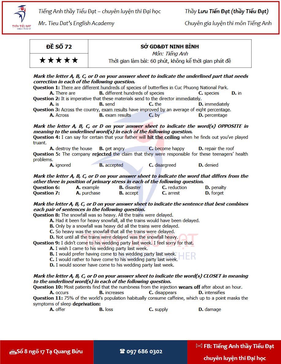 Ảnh minh họa cho Luyện đề ôn thi môn Tiếng Anh THPT + ĐÁP ÁN
