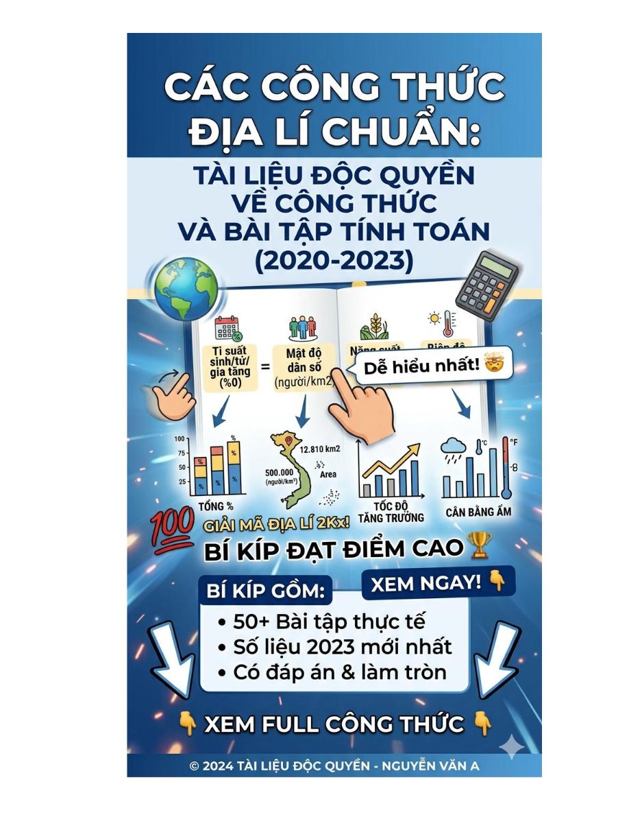 Ảnh minh họa cho CÔNG THỨC ĐỊA LÍ 12 VÀ BÀI TẬP MINH HỌA2