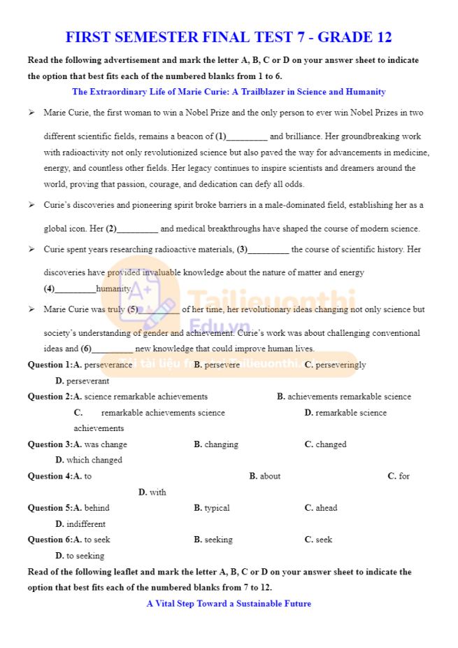 Ảnh minh họa cho ĐỀ KIỂM TRA TIẾNG ANH HỌC KÌ 1