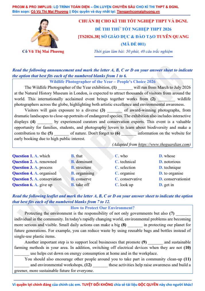 Ảnh minh họa cho Đề thi thử tốt nghiệp THPT 2026: Sở giáo dục và đào tạo Tuyên Quang - Mã đề gốc 001