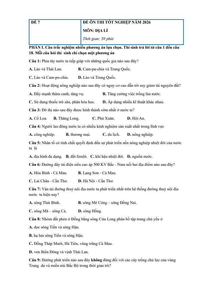 Ảnh minh họa cho LUYỆN ĐỀ ĐỊA LÍ THPT SỐ 7