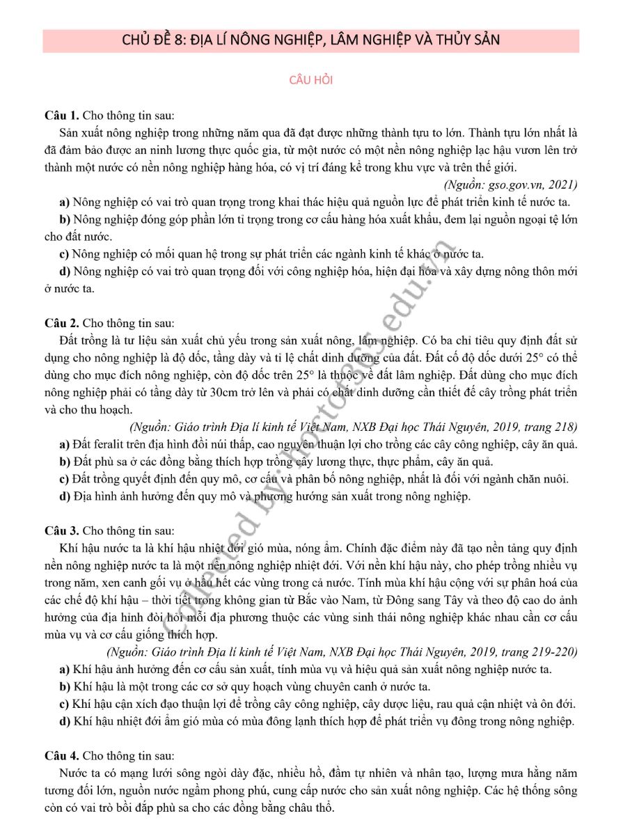 Ảnh minh họa cho Đề bổ trợ địa lí 12
