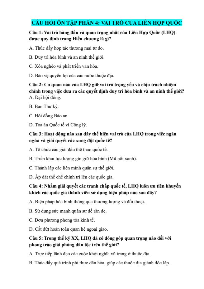 Ảnh minh họa cho CÂU HỎI ÔN TẬP  CHUYÊN ĐỀ 1 - BÀI 1: LIÊN HỢP QUỐC - PHẦN 4: VAI TRÒ CỦA LIÊN HỢP QUỐC