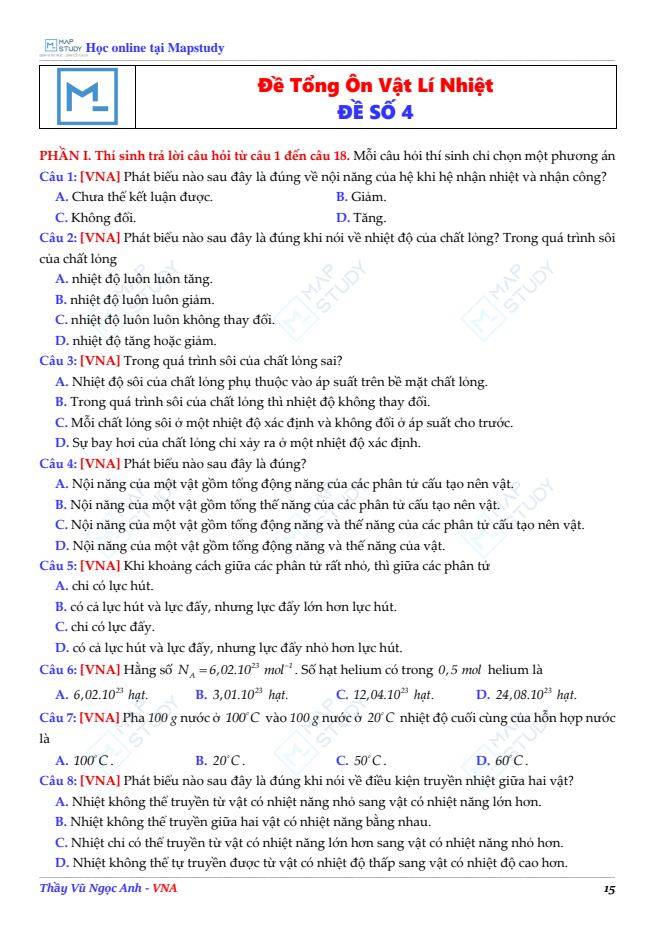 Ảnh minh họa cho ĐỀ TỔNG ÔN VẬT LÍ NHIỆT - ĐỀ SỐ 4