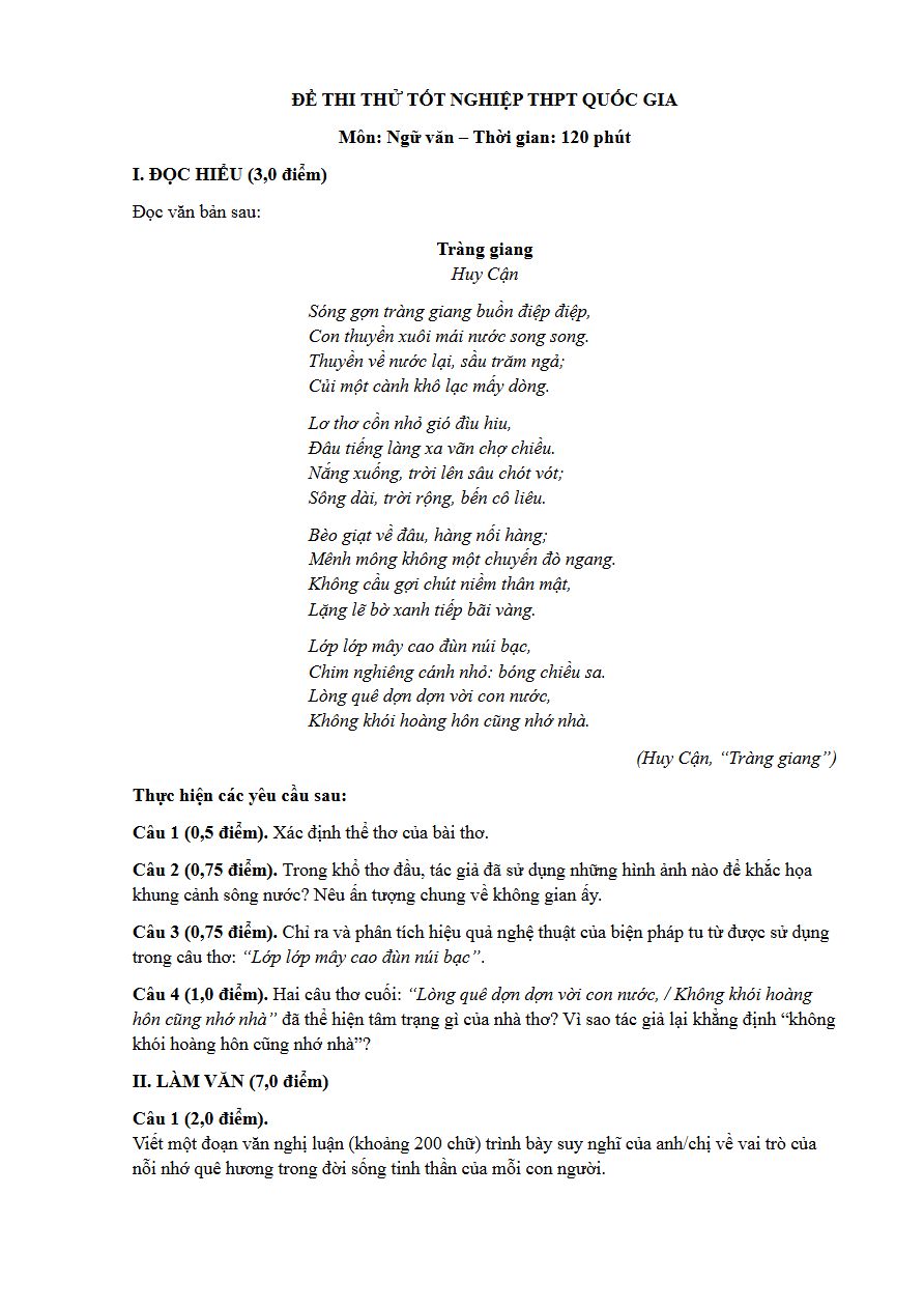 Ảnh minh họa cho LUYỆN ĐỀ "TRÀNG GIANG"