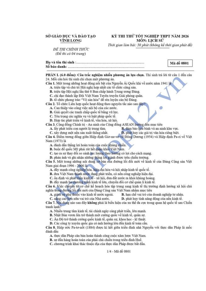 Ảnh minh họa cho ĐỀ THỬ THỬ MÔN LỊCH SỬ CỦA SỞ GD&ĐT VĨNH LONG