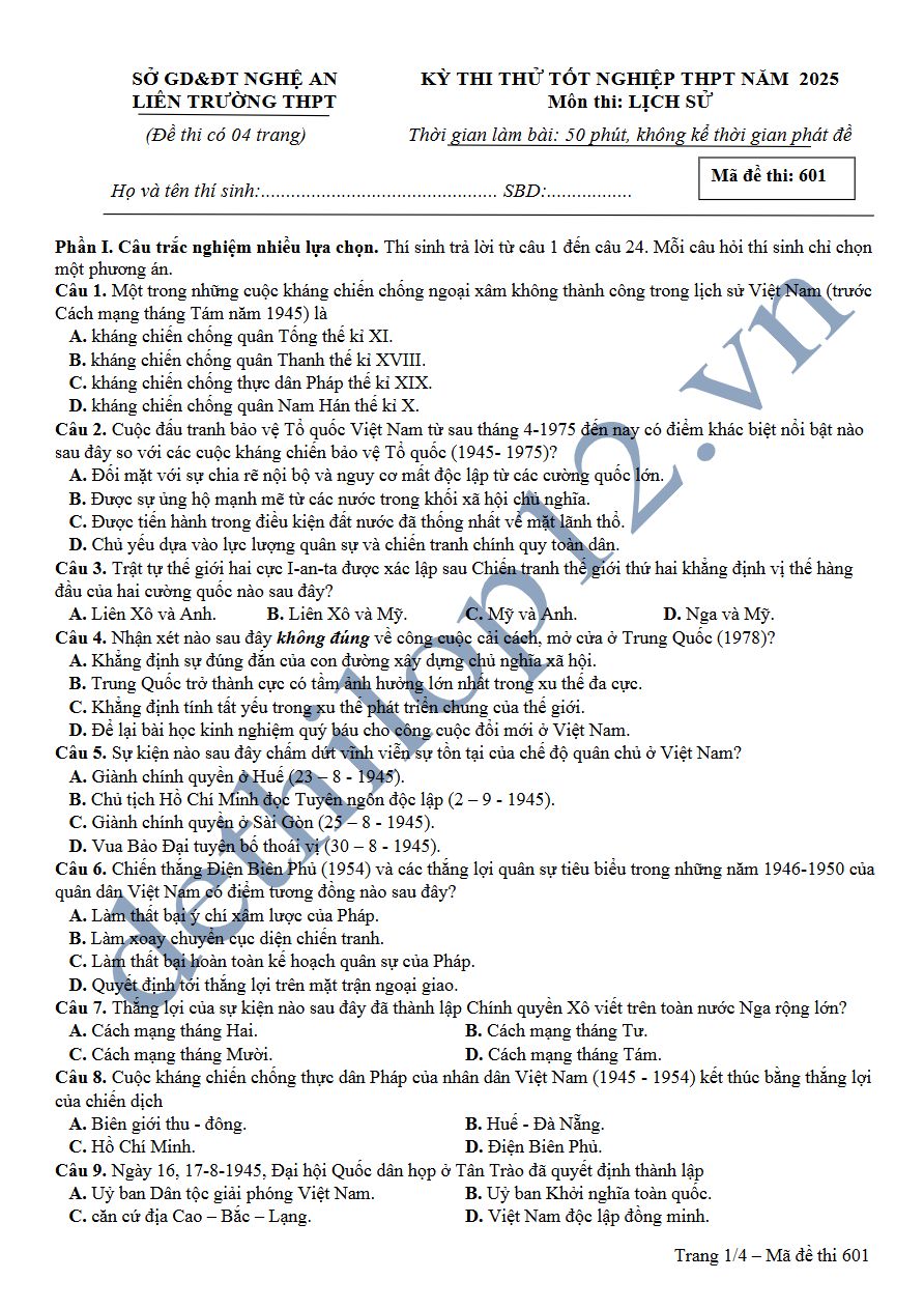 Ảnh minh họa cho Đề thi thử thptqg 2025 môn sử liên trường Nghệ An lần 1