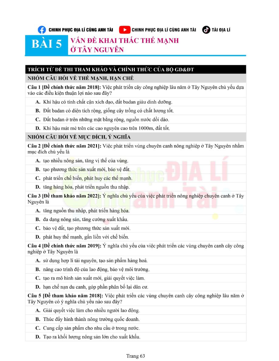 Ảnh minh họa cho Bài tập địa lí vùng Tây Nguyên thầy Tài