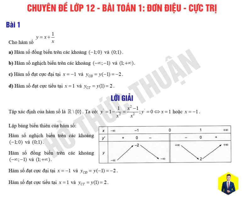 Ảnh minh họa cho CHUYÊN ĐỀ LỚP 12 - BÀI TOÁN 1: ĐƠN ĐIỆU - CỰC TRỊ