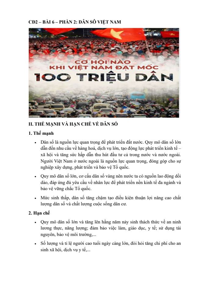 Ảnh minh họa cho CĐ2 - BÀI 6 - PHẦN 2: DÂN SỐ VIỆT NAM
