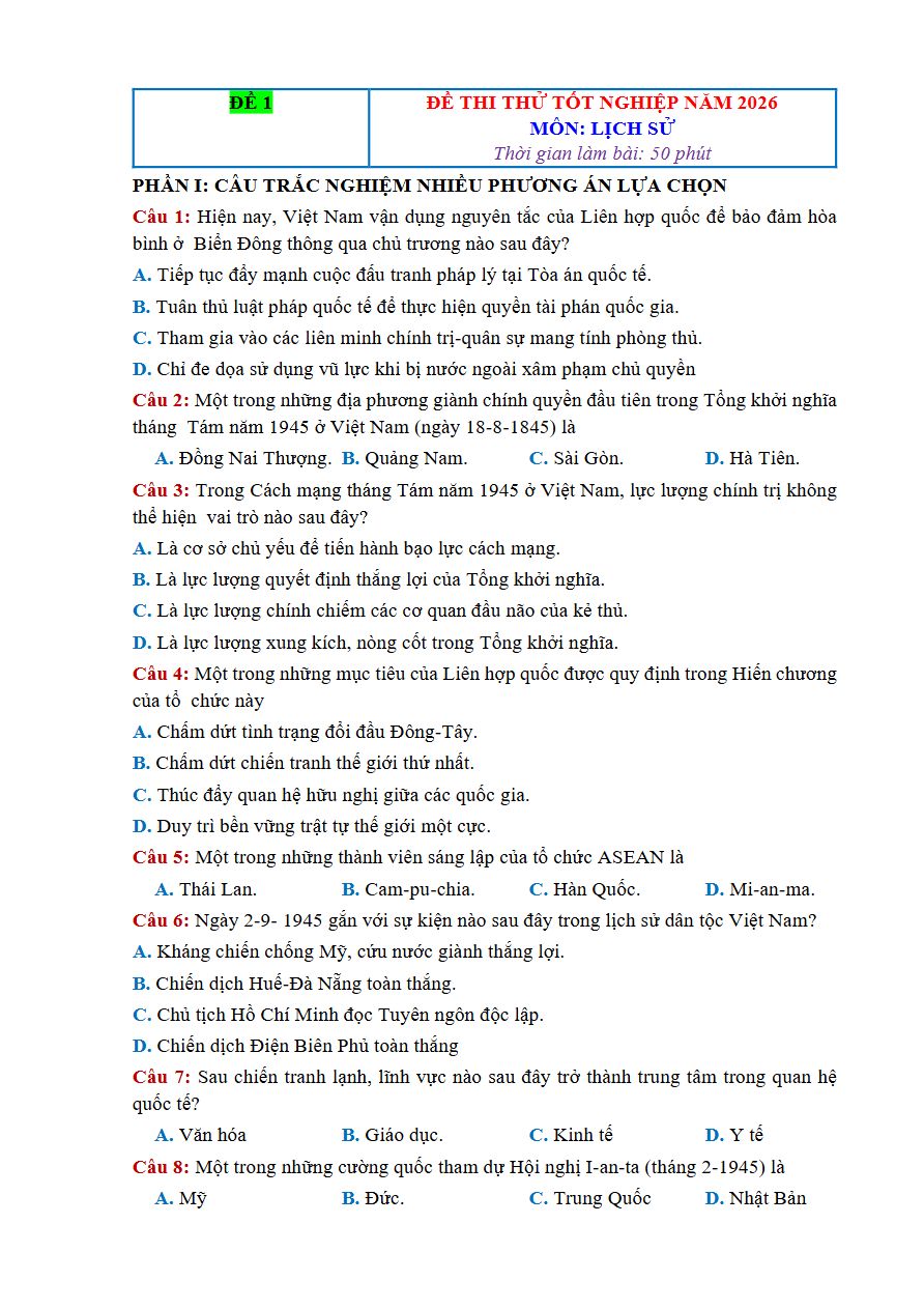Ảnh minh họa cho Luyện đề thi môn lich sử THPTQG
