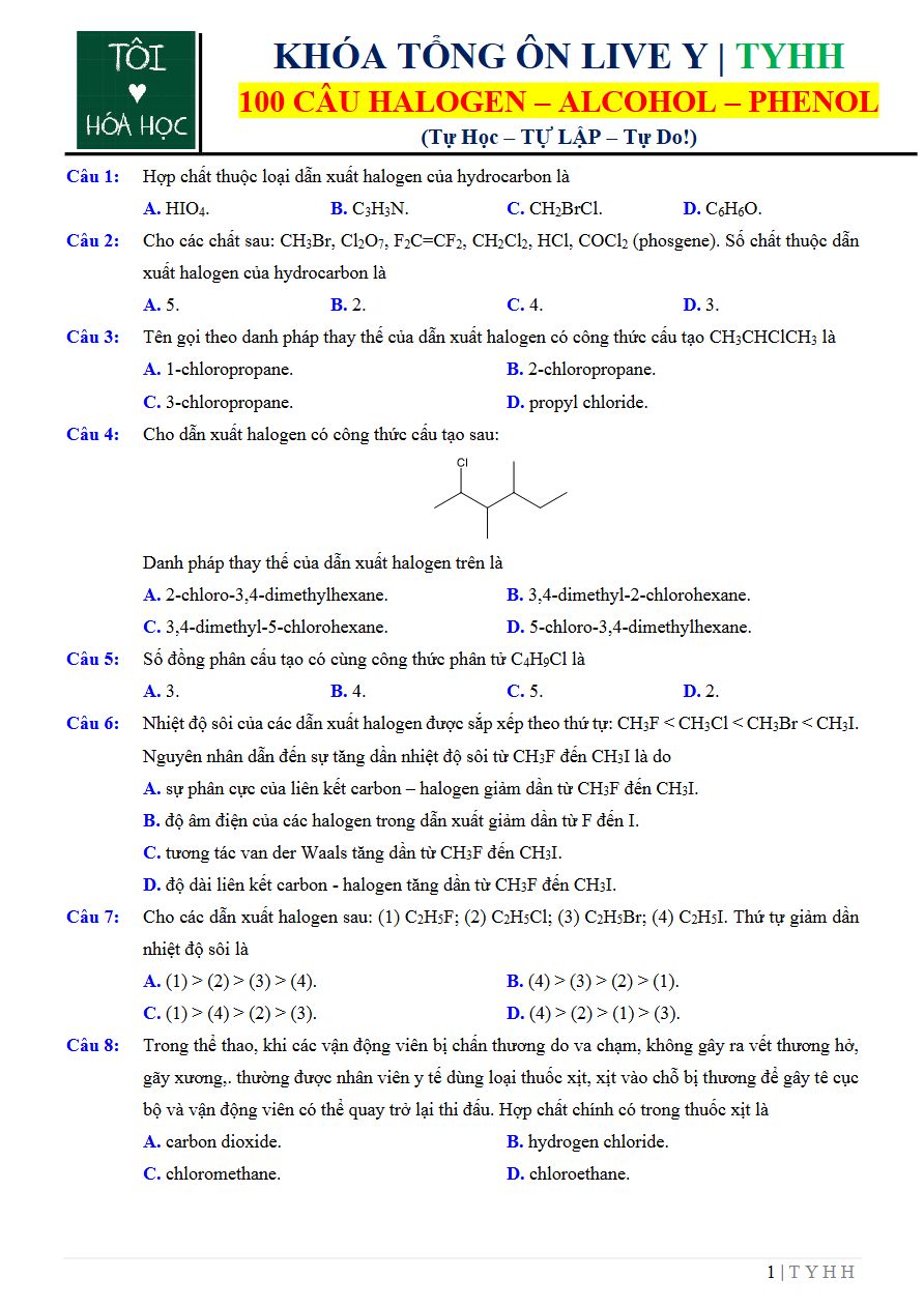 Ảnh minh họa cho 100 CÂU HALOGEN - ALCOHOL - PHENOL