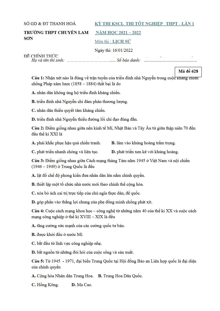 Ảnh minh họa cho Đề thi môn lịch sử THPTQG năm 20022