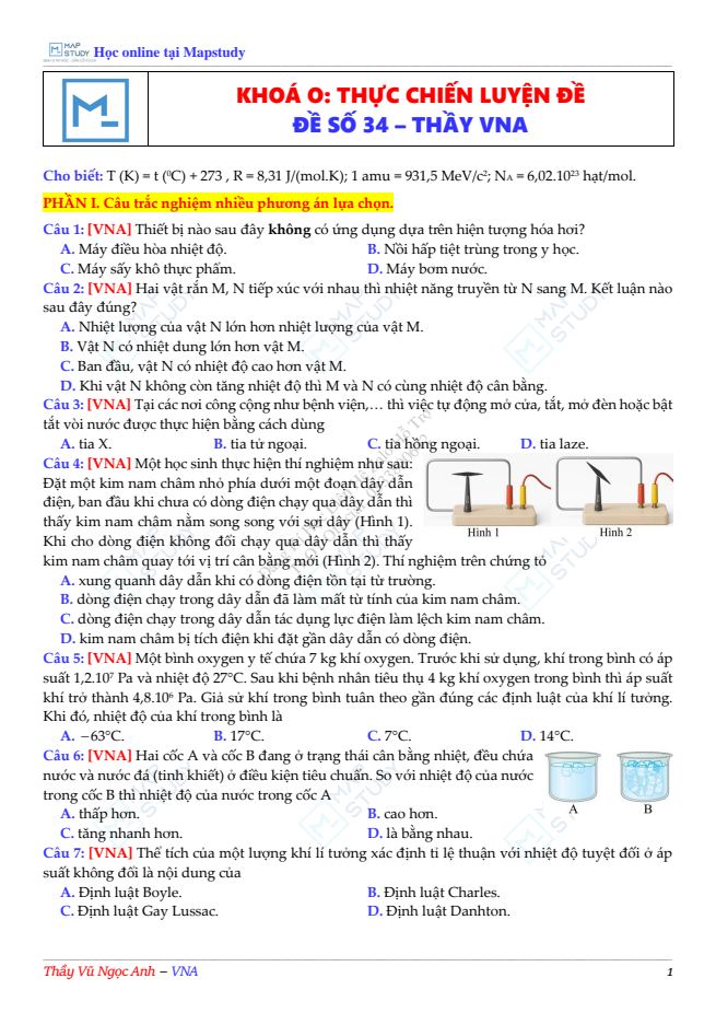 Ảnh minh họa cho THỰC CHIẾN LUYỆN ĐỀ VẬT LÝ THẦY VNA ĐỀ 34
