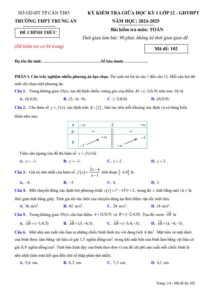 Ảnh minh họa cho ĐỀ THI GIỮA KÌ 1 TRƯỜNG THPT TRUNG AN mã đề 102