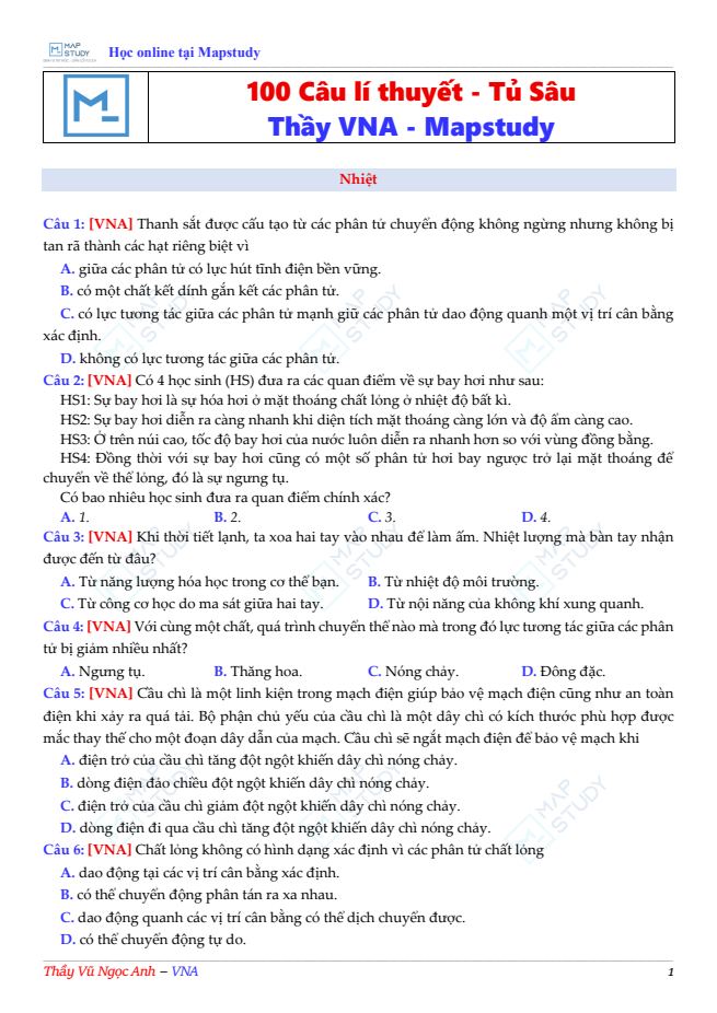 Ảnh minh họa cho 100 Câu lí thuyết Tủ Sâu - Vật Lí 12 || Đề số 1