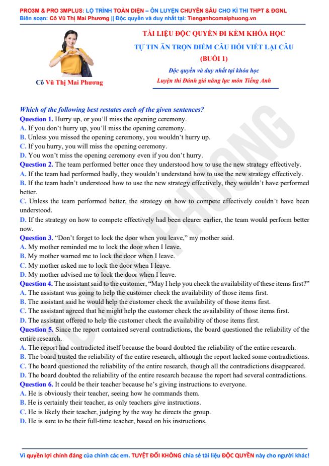 Ảnh minh họa cho TỰ TIN ĂN TRỌN ĐIỂM CÂU HỎI VIẾT LẠI CÂU TRONG ĐỀ THI (BUỔI 1) (ĐGNL-ĐHQG TP.HCM)
