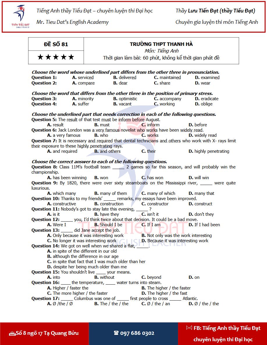 Ảnh minh họa cho Luyện đề ôn thi môn Tiếng Anh THPTQG + ĐÁP ÁN