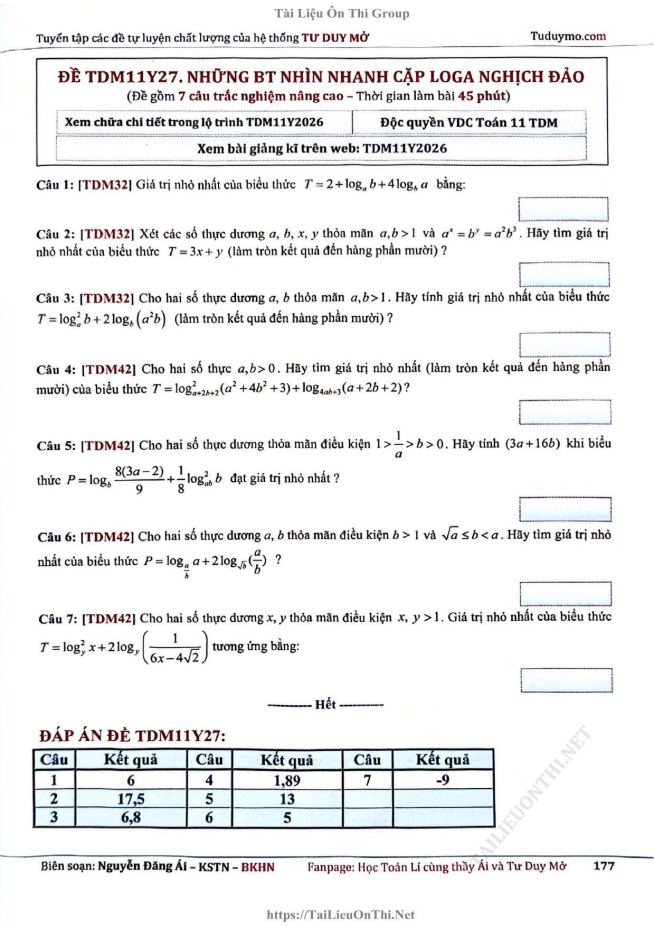 Ảnh minh họa cho ĐỀ TDMYV27 - NHỮNG BÀI TOÁN NHÌN NHANH CẶP LOGA NGHỊCH ĐẢO