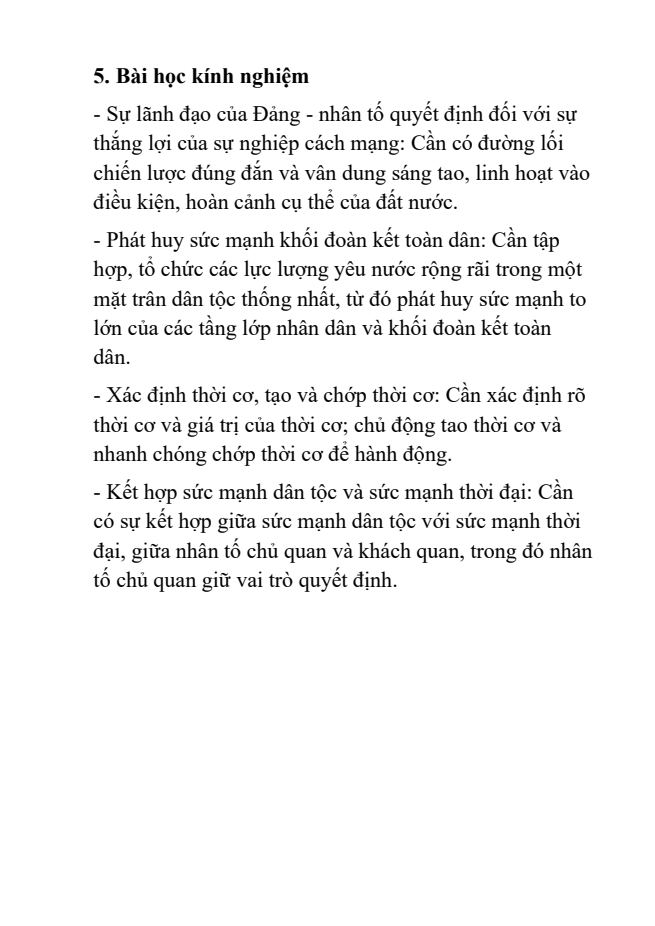 Ảnh minh họa cho LÝ THUYẾT CHUYÊN ĐỀ 3: CÁCH MẠNG THÁNG TÁM, CHIẾN TRANH GIẢI PHÓNG DÂN TỘC VÀ CHIẾN TRANH BẢO VỆ TỔ QUỐC TRONG LỊCH SỬ VIỆT NAM ( 8/1945 ĐẾN NAY ) - BÀI 6: CÁCH MẠNG THÁNG TÁM NĂM 1945 - PHẦN 5: BÀI HỌC KINH NGHIỆM