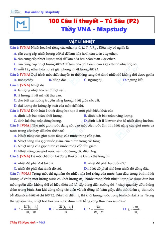 Ảnh minh họa cho 100 Câu lí thuyết Tủ Sâu - Vật Lí 12 || Đề số 2