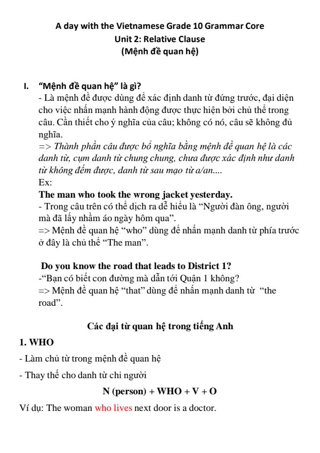 Ảnh minh họa cho Ngữ Pháp Tiếng Anh lớp 10: Mệnh đề qua hệ (Relative CLause)