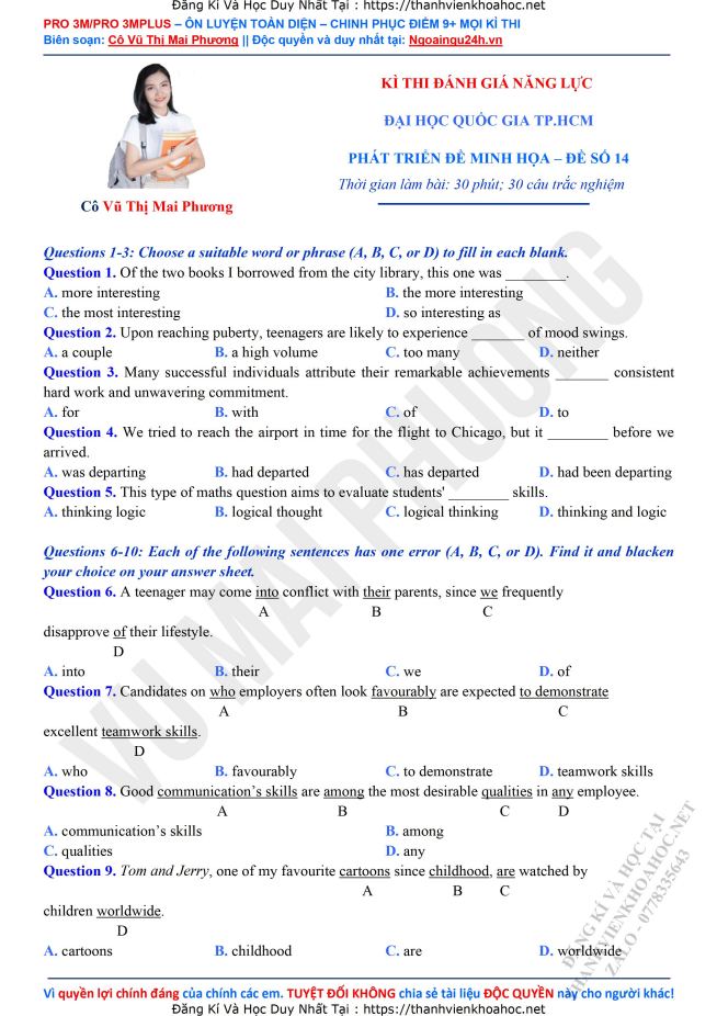 Ảnh minh họa cho DỰ ĐOÁN ĐỀ THI THẬT- KỲ THI ĐGNL V-ACT: ĐỀ SỐ  14