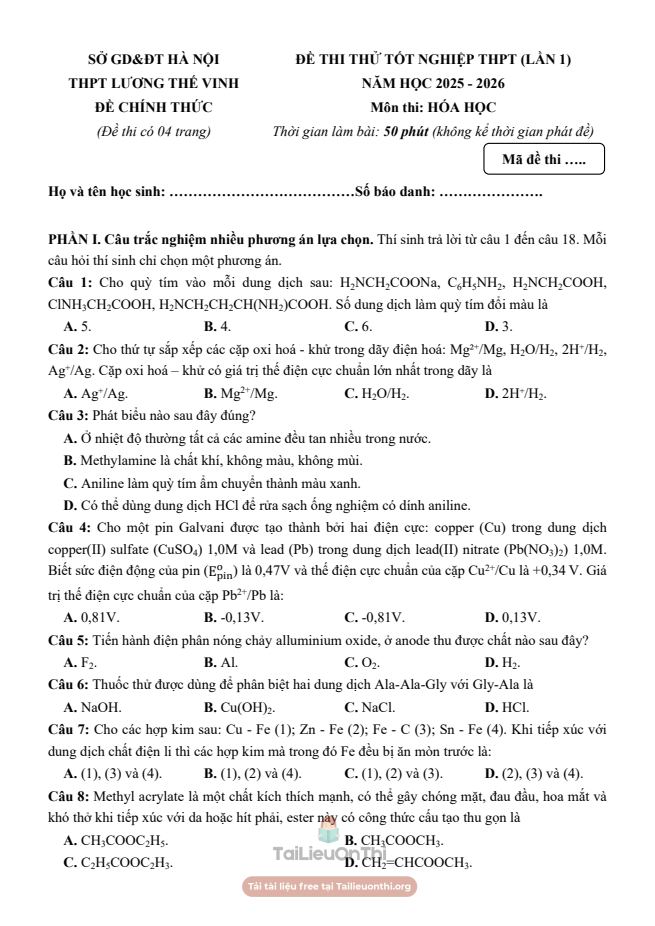 Ảnh minh họa cho SỞ GD&ĐT HÀ NỘI THPT LƯƠNG THẾ VINH