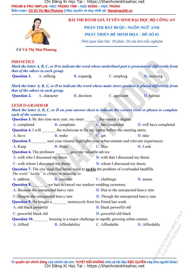 Ảnh minh họa cho PHÁT TRIỂN ĐỀ THI MINH HỌA- BỘ CÔNG AN: ĐỀ SỐ 2