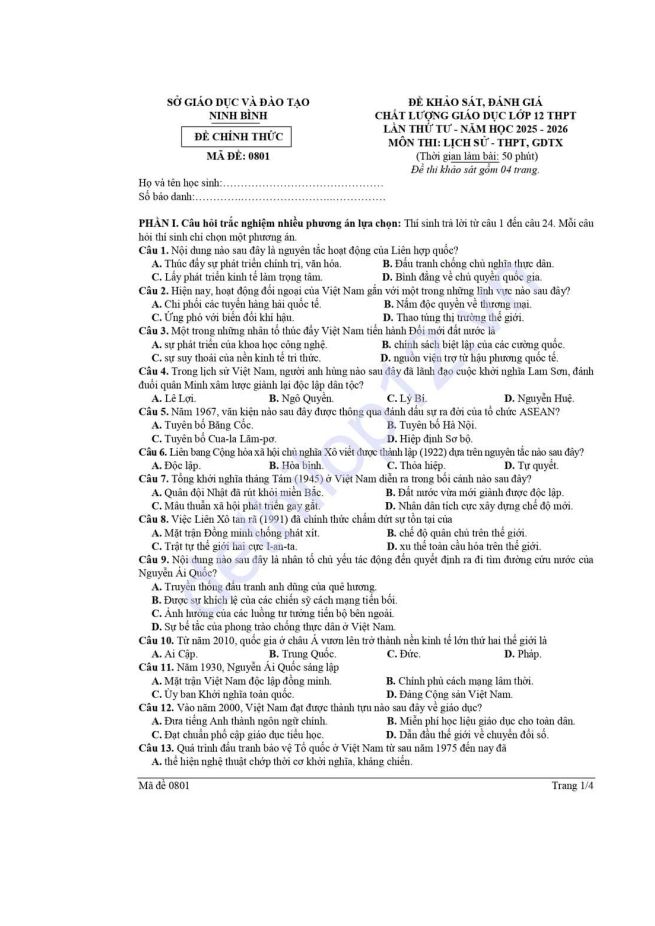 Ảnh minh họa cho ĐỀ THI THỬ MÔN LỊCH SỬ CỦA SỞ GD&ĐT NINH BÌNH LẦN THỨ 4