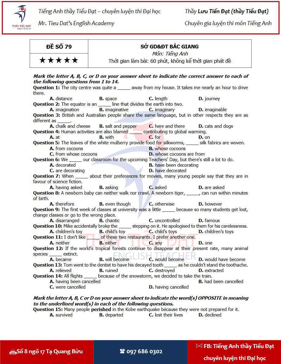 Ảnh minh họa cho Luyện đề ôn thi môn Tiếng Anh THPT + ĐÁP ÁN