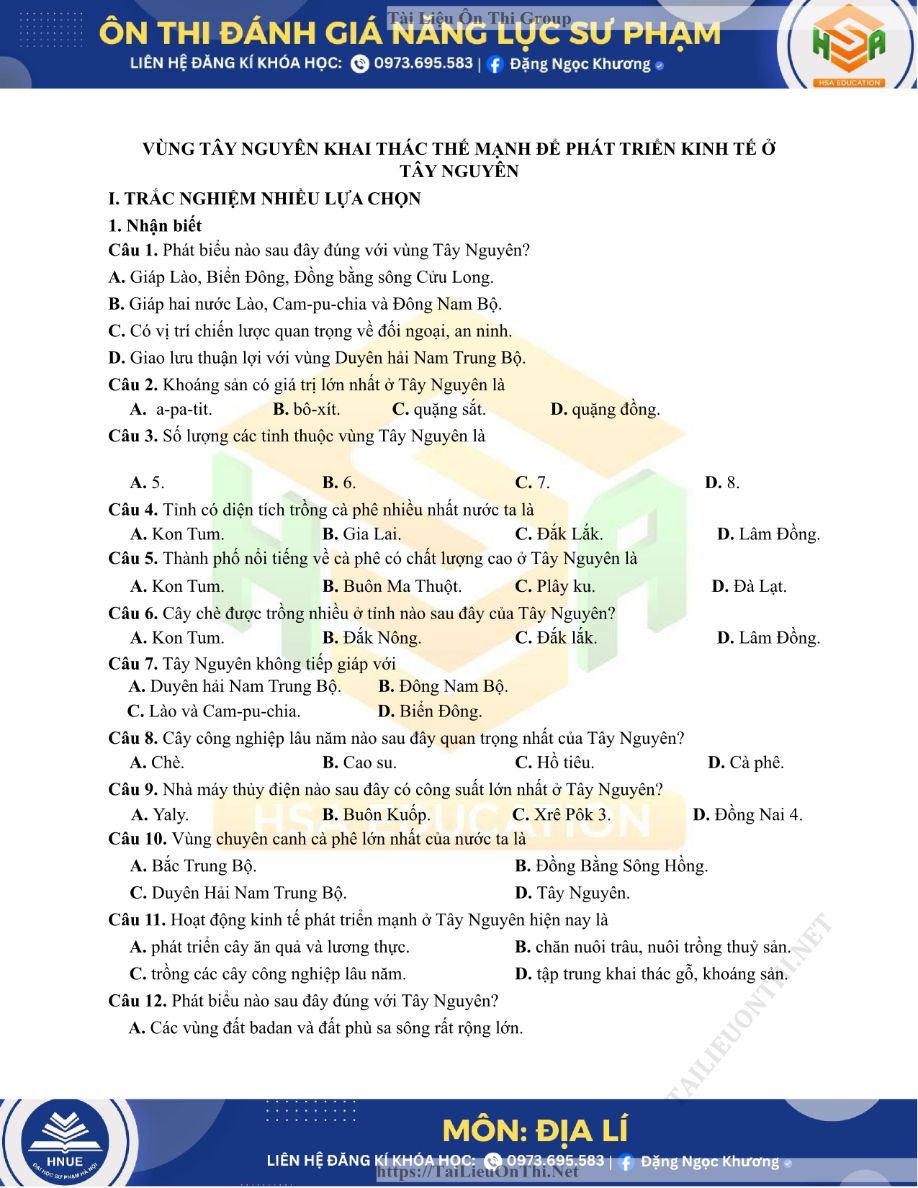 Ảnh minh họa cho Bài tập về phần Tây Nguyên