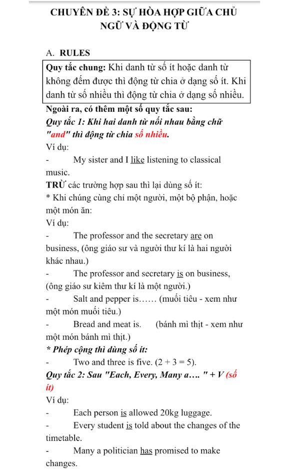 Ảnh minh họa cho LÝ THUYẾT CHUYÊN ĐỀ 3-SỰ HÒA HỢP GIỮA CHỦ NGỮ VÀ ĐỘNG TỪ