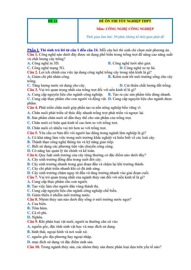 Ảnh minh họa cho ĐỀ THI THỬ MÔN CÔNG NGHỆ CÔNG NGHIỆP