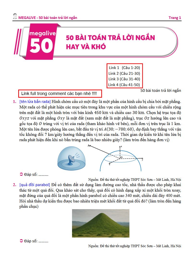 Ảnh minh họa cho 50 bài toán trả lời ngắn - thầy Đỗ Văn Đức