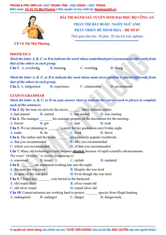 Ảnh minh họa cho PHÁT TRIỂN ĐỀ THI MINH HỌA- BỘ CÔNG AN: ĐỀ SỐ 7