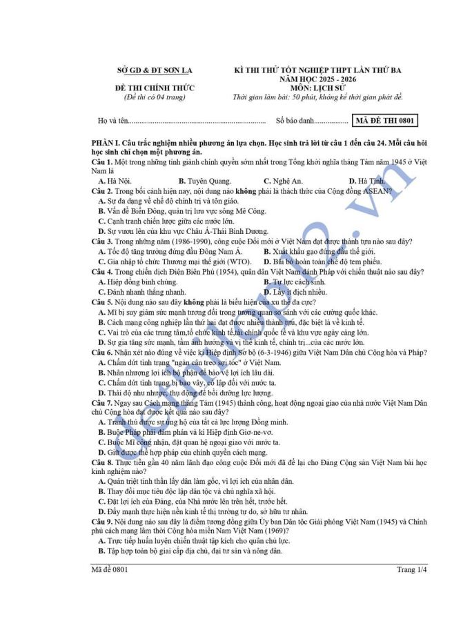 Ảnh minh họa cho ĐỀ THI THỬ MÔN LỊCH SỬ CỦA SỞ GD&ĐT  SƠN LA