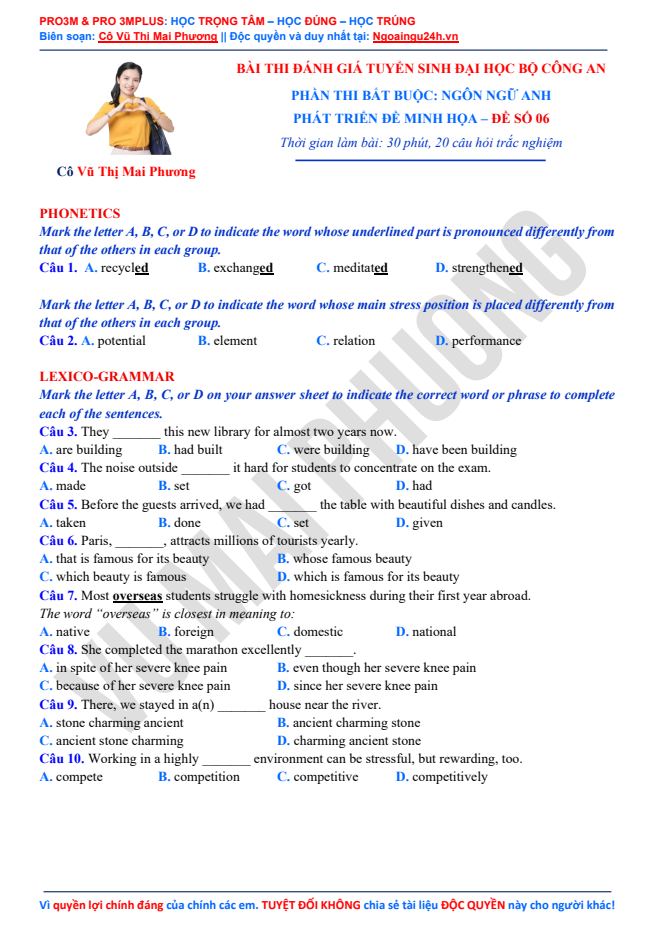 Ảnh minh họa cho PHÁT TRIỂN ĐỀ THI MINH HỌA- BỘ CÔNG AN: ĐỀ SỐ 6