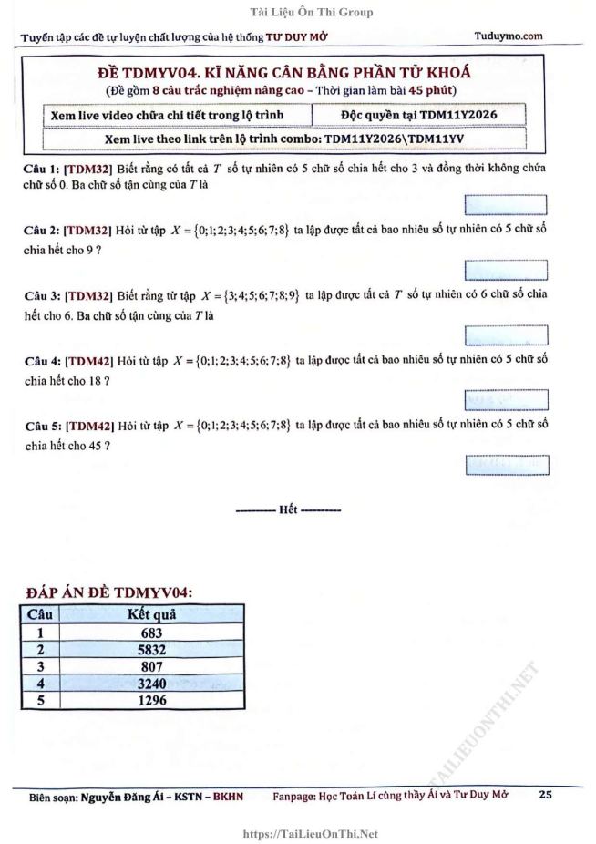 Ảnh minh họa cho ĐỀ TDMYV04 - KĨ NĂNG CÂN BẰNG PHẦN TỬ HÓA