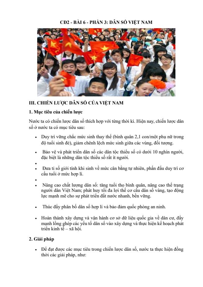 Ảnh minh họa cho CĐ2 - BÀI 6 - PHẦN 3: DÂN SỐ VIỆT NAM
