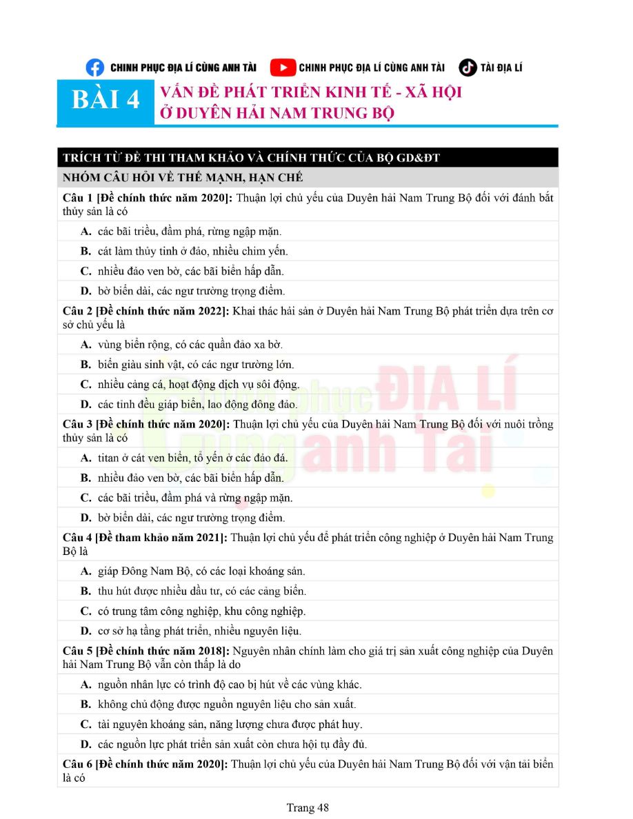 Ảnh minh họa cho Bài tập địa lí vùng duyên hải nam trung bộ thầy Tài