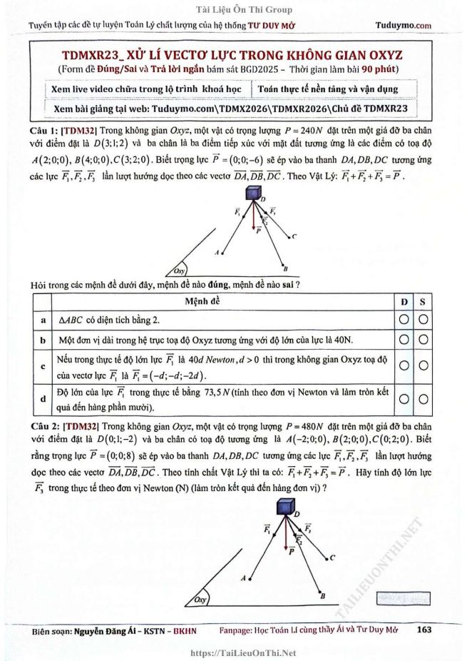 Ảnh minh họa cho ĐỀ TDMXR23 - XỬ LÍ VECTO LỰC TRONG KHÔNG GIAN Oxyz
