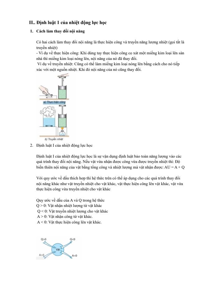 Ảnh minh họa cho LÝ THUYẾT CHUYÊN ĐỀ 1- BÀI 2-PHẦN 2: ĐỊNH LUẬT 1 CỦA NHIỆT ĐỘNG LỰC HỌC