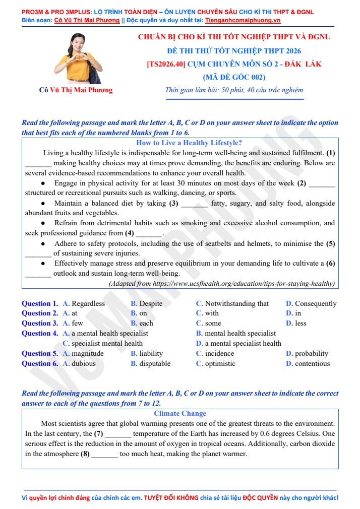 Ảnh minh họa cho Đề thi thử tốt nghiệp THPT 2026: Cụm chuyên môn số 2 - Đắk Lăk - Mã đề gốc 002