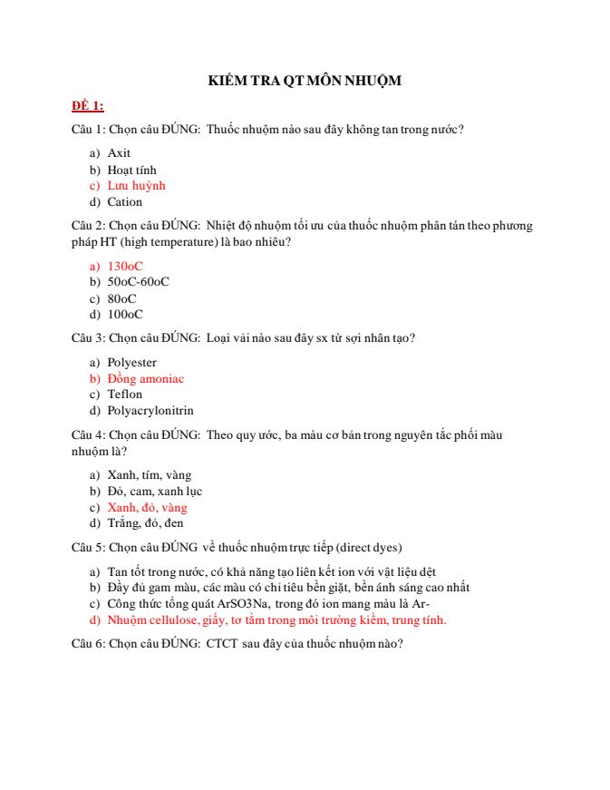 Ảnh minh họa cho ĐỀ KIỂM TRA QT MÔN NHUỘM (TDTU) Phần 1